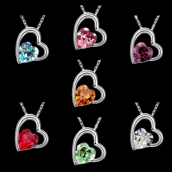 Imitation Silver Blue Topaz Rhinestone Gemstone Two Hearts In One Necklace - Picture 6 of 6